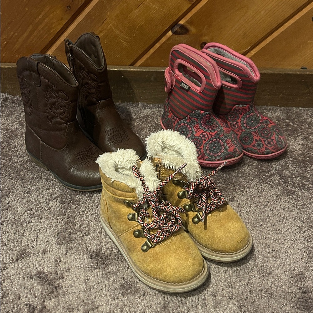 Toddler girls size 8 cowboy, bogs waterproof, and cat & Jack boots bundle